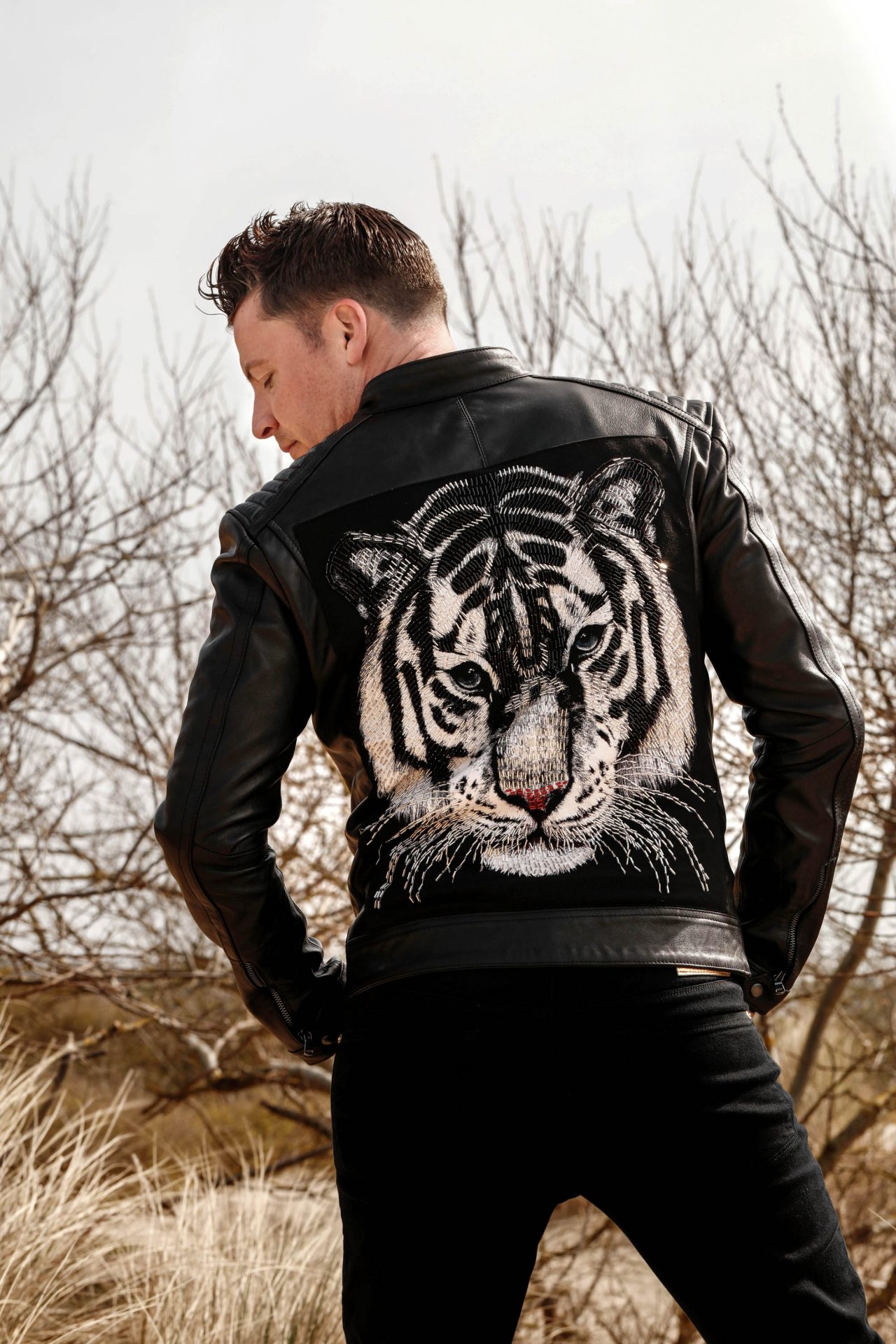 Black Leather Jacket with Tiger head embroided on back SMJ3