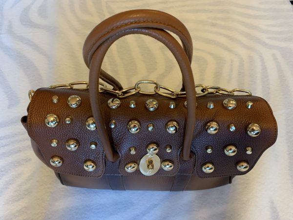 Leather big cognac bag with golden studs  SM24 - Image 3