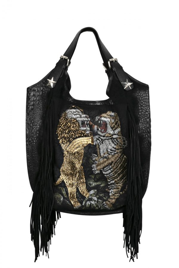 Leather Black bag with lion & tiger head and fringes  SM32