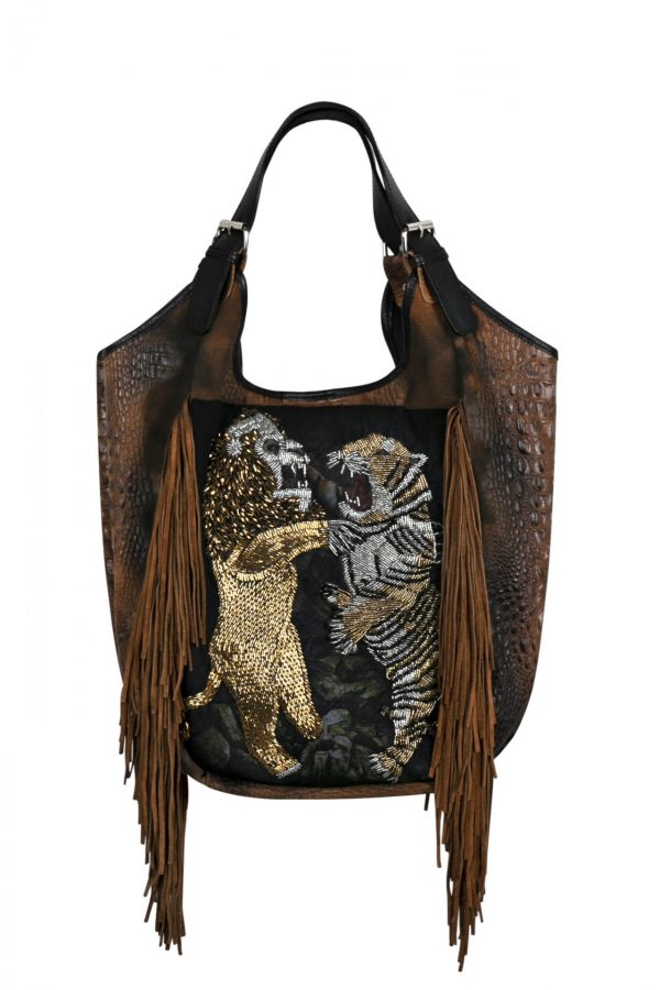 Leather brown bag with lion & tiger head and fringes  SM32