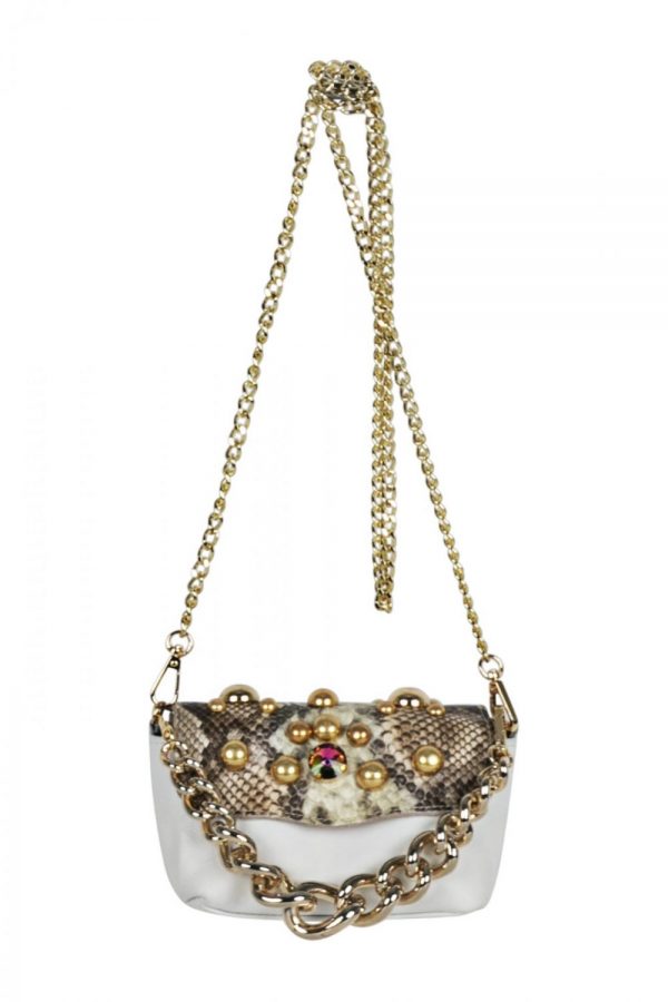 Leather white little bag with snake print flap and studs SM05