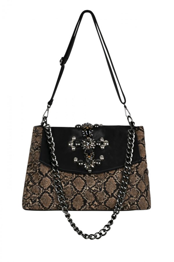 Leather snake printed bag with black flap & rhinestones SM15