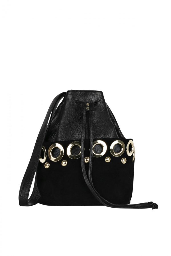 Leather big black bag with golden rings SM14
