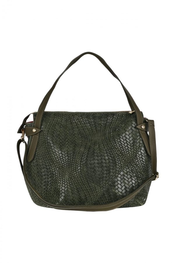 Leather army green bag with braided print LM09
