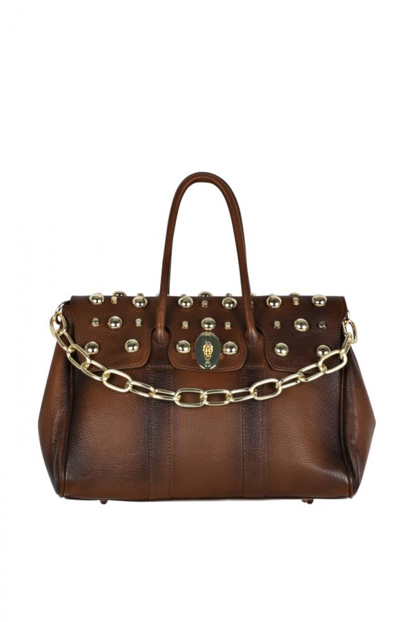 Leather big cognac bag with golden studs  SM24