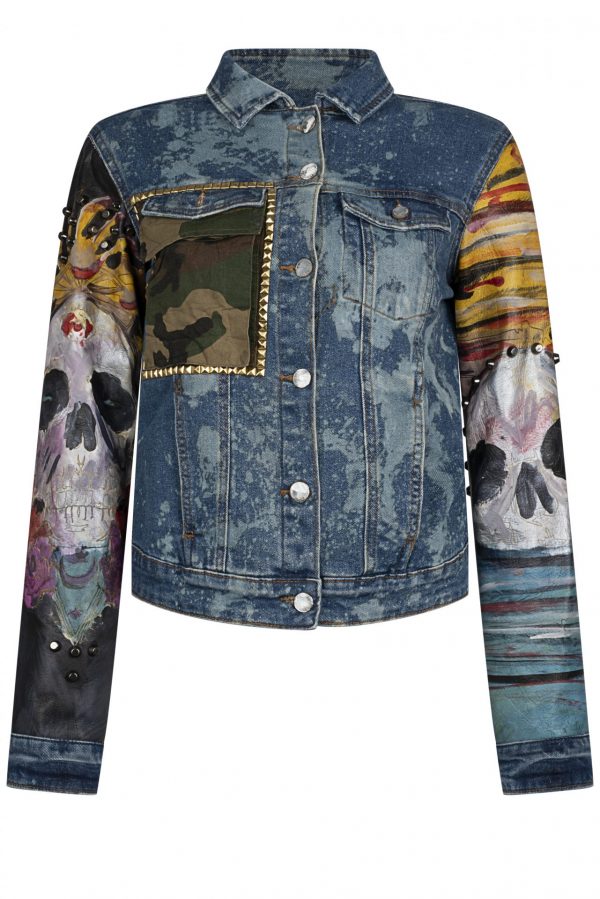 Denim Jacket with Leather handpainted sleeves  SMJ8 - Image 6