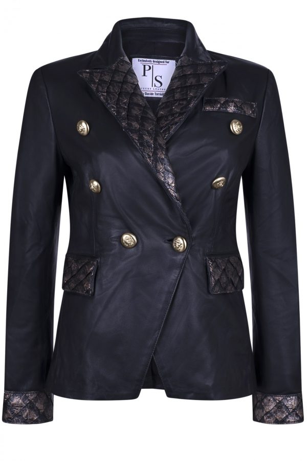 Black leather blazer with black and golden fish leather details - Image 3