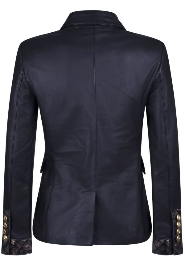 Black leather blazer with black and golden fish leather details - Image 4