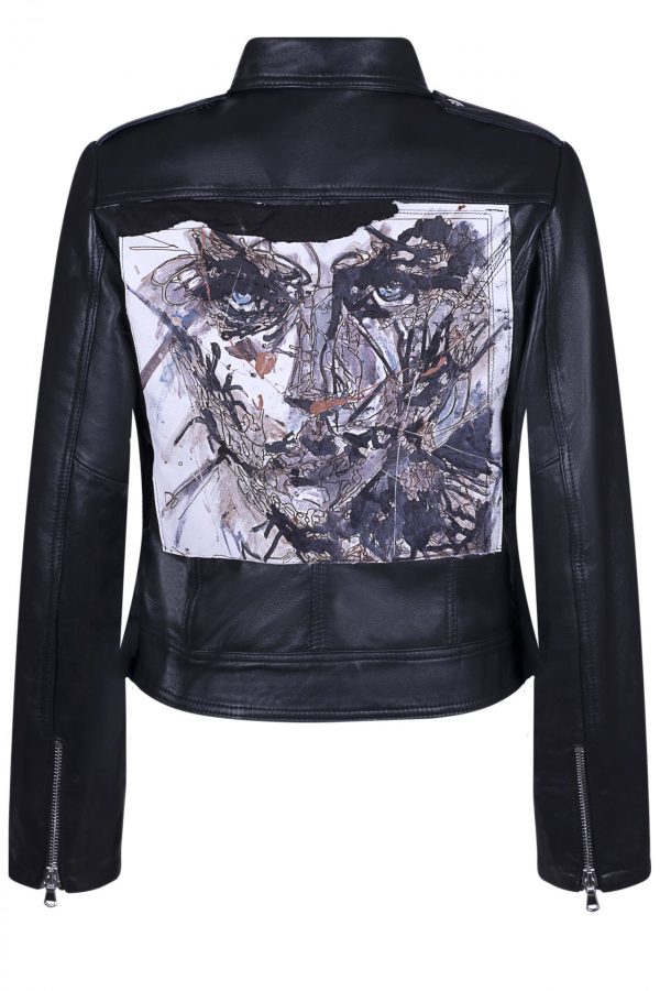 Black leather jacket with hand painted back - Image 2